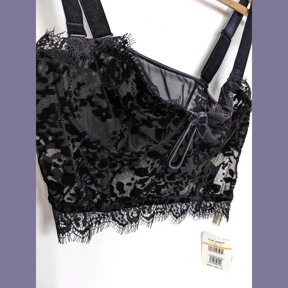 Free People Size S So Long Floral Velvet Sheer Mesh Lace Underwire Bra In Black - Picture 6 of 12